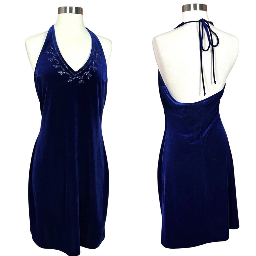 Vintage 90s Y2K Blue Halter Neck Bodycon Dress Velvet Beaded Size 13/14